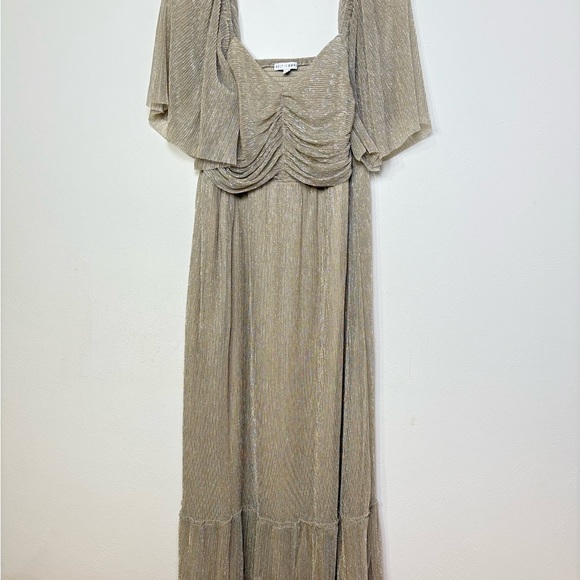 BALTIC BORN Athena Pleated V-Neck Maxi Dress Champagne Gold Metallic Size L - Picture 12 of 17